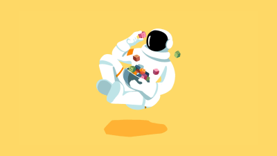 An illustrated astronaut floats cross-legged eating colorful cubes of food.