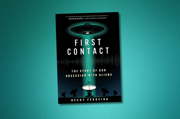 A black book cover showing a UFO sending teal beams down to a satellite dish.