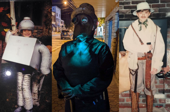 Three halloween costumes — one of a young girl in a robot costume, one of a plague doctor, and one of a kid dressed as indiana jones