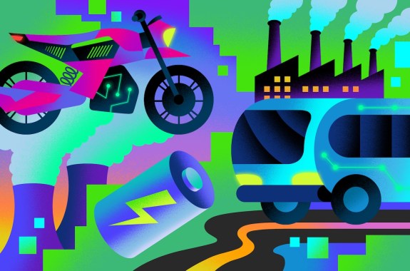 An illustration of electric cars and other green technologies