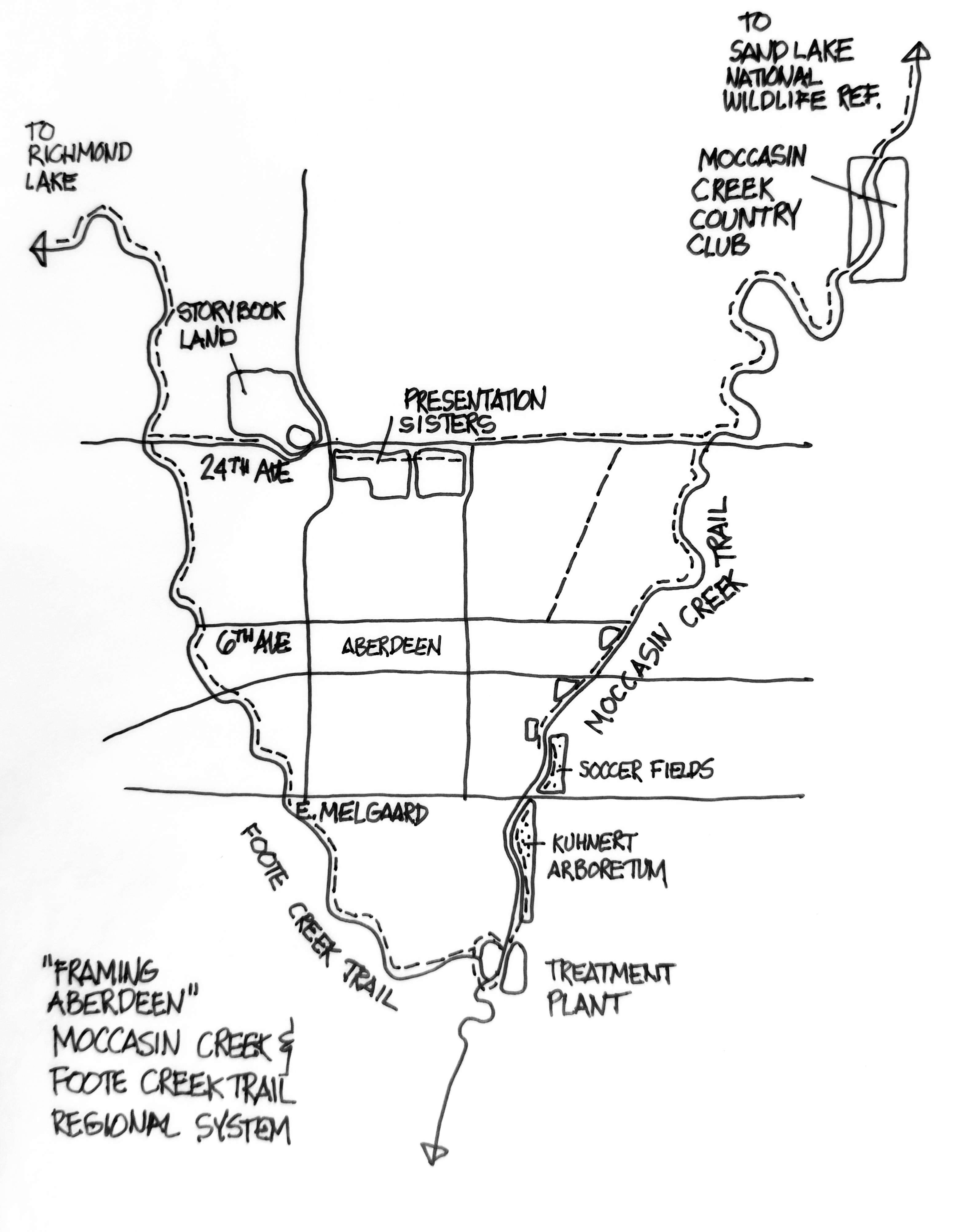 A small map of a city with lines representing the creeks that border it